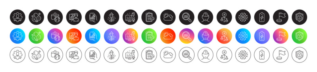 Fireworks, Discrimination and Battery charging line icons. Round icon gradient buttons. Pack of Analysis app, Podcast, Presentation board icon. Global business, Milestone, Psychology pictogram. Vector