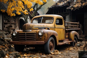 Obraz premium Towards the past the timeless beauty of vintage trucks in the rural scenario, generative IA