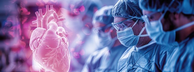 A group of surgeons are looking at a heart on a computer screen. The heart is pink and purple, and the surgeons are wearing protective gear. Concept of focus and precision