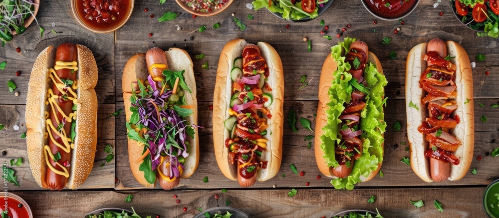 Poster a variety of hot dogs topped with veggies lettuce and sauces on a wooden surface top down view with 