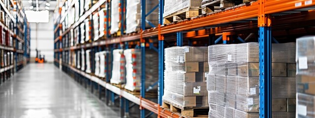 A warehouse with a lot of pallets and boxes on the shelves. The pallets are stacked in rows and the boxes are stacked on top of each other. The warehouse is very organized and efficient