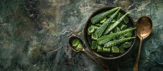 A bowl and spoon displaying cut aloe leaves against a textured grunge backdrop leaving space for additional image insertion