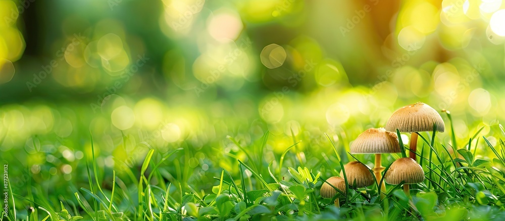 Aufkleber tiny mushrooms growing in lush green grass at the park with copy space image