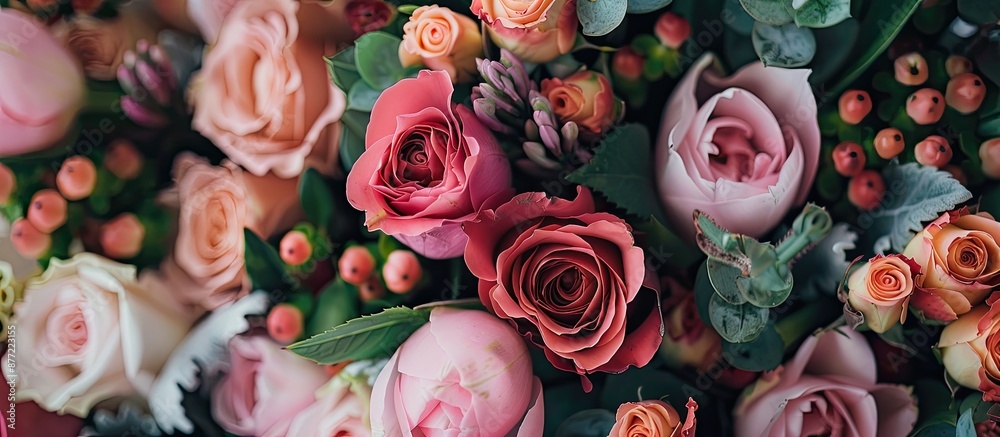 Poster a stylish arrangement of flowers including roses and tulips in a wedding bouquet with decorative pla