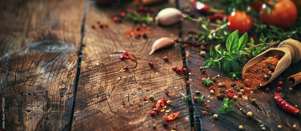 Aufkleber A rustic wooden table adorned with various aromatic spices creating an appealing composition with copy space image
