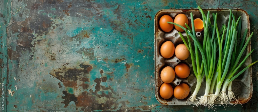 Fototapete chicken eggs and green onions resting in an egg tray against an abstract grunge background with a co