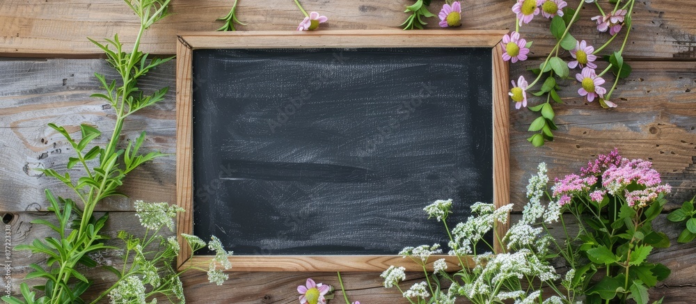 Aufkleber Chalkboard sitting on wooden surface adorned with flowers presents a spring themed setting in a flat lay composition with a copy space image