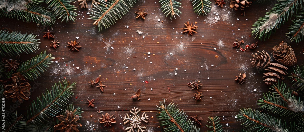 Aufkleber Flat lay top view of a rustic brown wooden background adorned with Christmas tree twigs and snowflakes creating a festive scene with copy space image