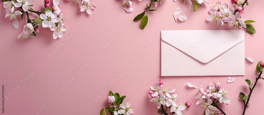 Poster long wide banner featuring a blank letter envelope and apple tree flowers on a millennial pink backg
