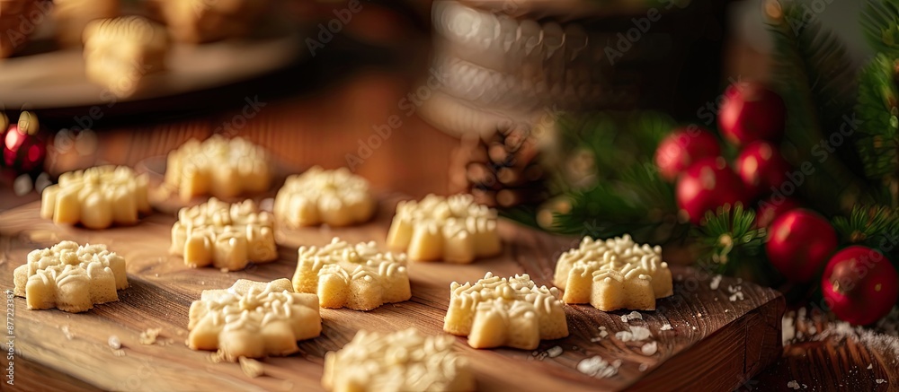 Poster Festive season spritz cookies displayed on a decorated chopping board with various angles featuring selective focus and some empty space for images. with copy space image