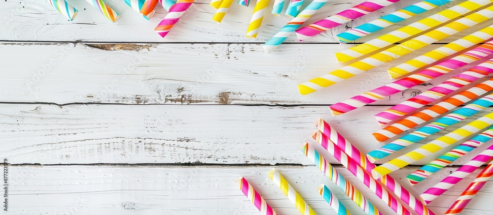 Poster vibrant paper straws for a party displayed on a white wooden backdrop seen from above with copy spac