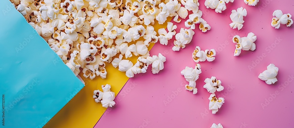 Aufkleber Close up of delicious popcorn on a colorful background with space for text. with copy space image. Place for adding text or design