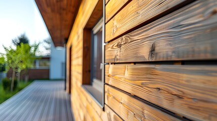 The exterior wooden cladding on a modern house, showcasing its natural beauty and texture in bright sunlight. The focus is on one side of the wall with detailed wood grain patterns visible.