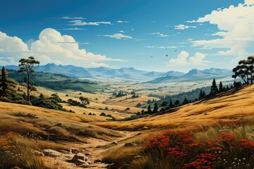 Painting of a boat house in the middle of a lake, generative IA