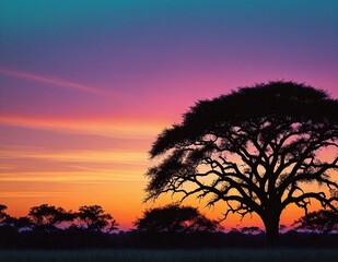 Silhouette of a Large Tree Against a Vibrant African Sunset Generated AI