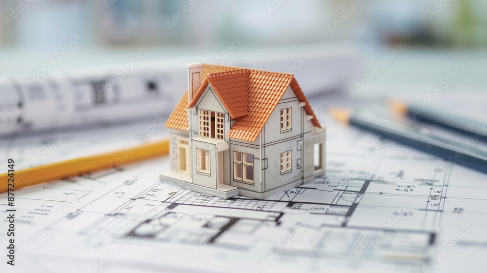 Wall mural 3d rendering project of new building model house on blueprint plan