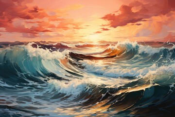 Sea Landscape Painting in Watercolor Rocks of Sunset, generative IA