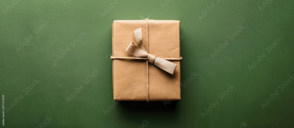 Poster Top down view of a solitary gift box wrapped in rustic paper and tied with a ribbon on a green backdrop ideal for use as a copy space image