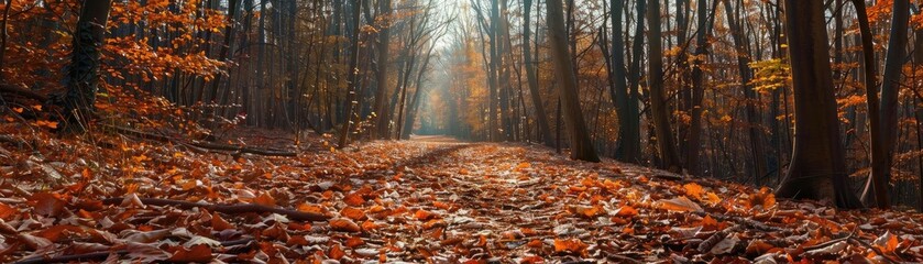 Obraz premium Serene autumn forest with a path covered in vibrant fall leaves, sunlight streaming through the trees creating a tranquil atmosphere.