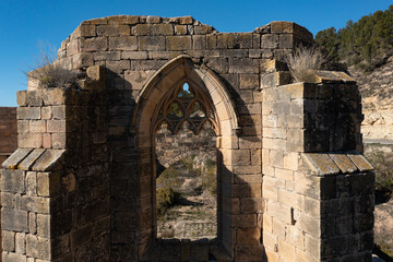 Aerial view of ruins of the abbey of Santa Maria de Vallsanta , Lleida