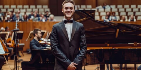 Fototapeta premium Classical Musician in Suit Posing Confidently in Front of the Camera. Young Pianist Standing Beside Grand Piano on Concert Stage with Excited Audience in the Background. High-Definition AI-Generated W