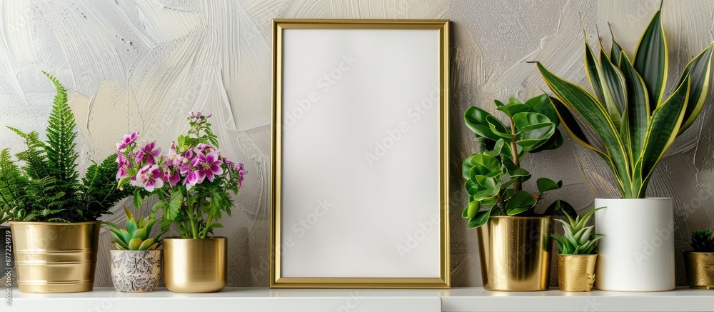 Poster mock up of a poster frame on a shelf with houseplants and flowers in golden pots creating a visually