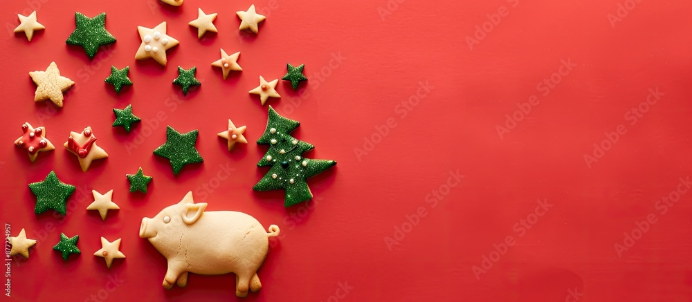 Poster Horizontal composition featuring cookies shaped like a pig and a Christmas tree on a red background adorned with green stars with copy space image