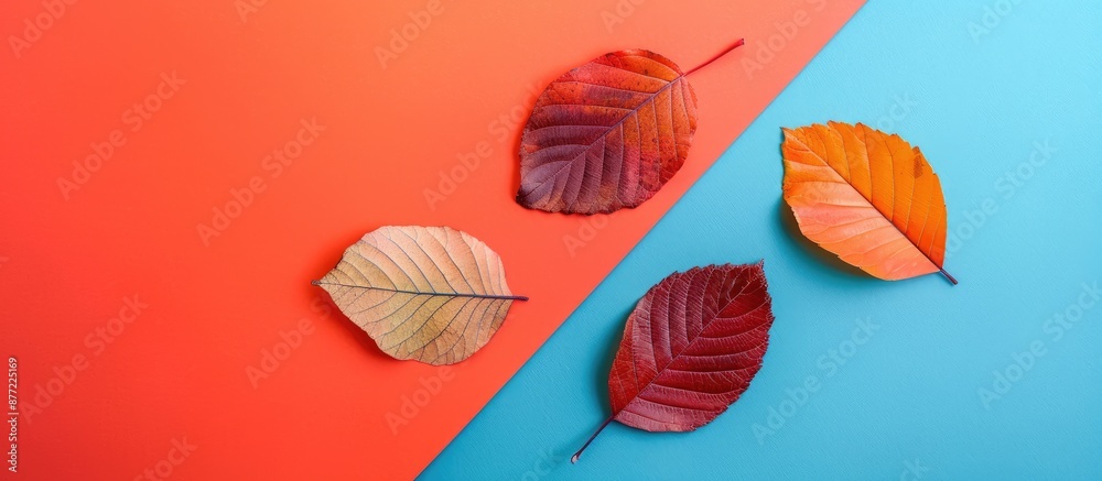 Poster Minimalistic flat lay top view of three autumn leaves on a vibrant paper background with ample copy space image