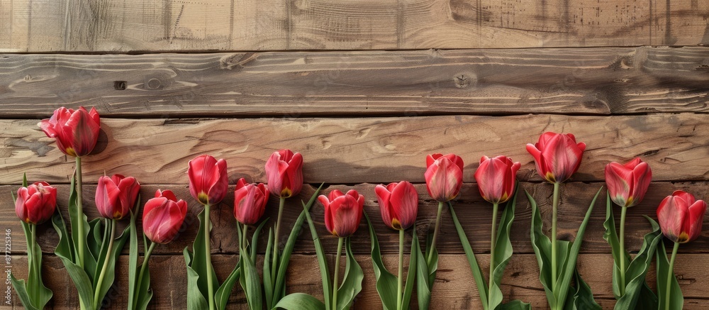 Poster tulips arranged on an antique wooden backdrop creating a charming scene with copy space image