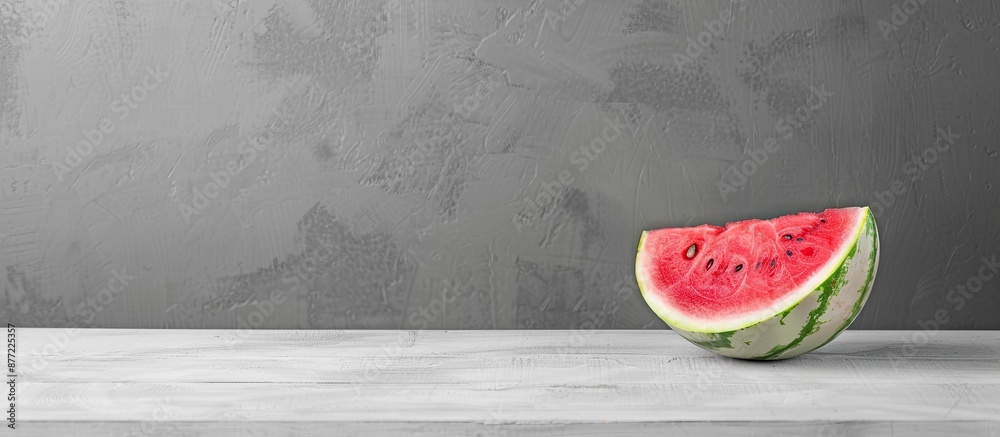 Poster a half of a delicious ripe red watermelon is placed on a white wooden table with a gray background c