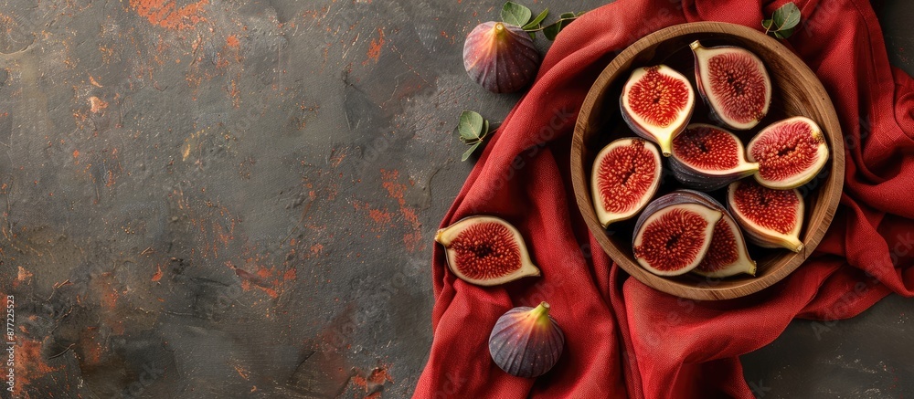 Leinwandbilder top view of ripe cut delicious figs in a wooden bowl on a rustic red cloth with a stone background i