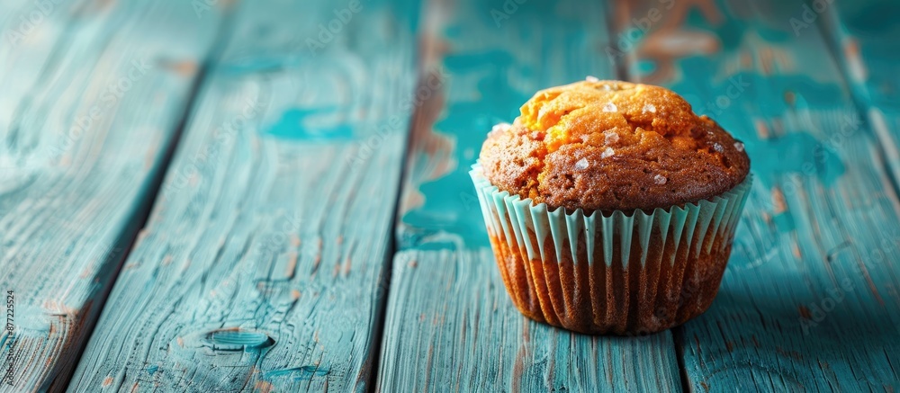 Poster carrot muffin placed on a blue wooden surface with copy space image