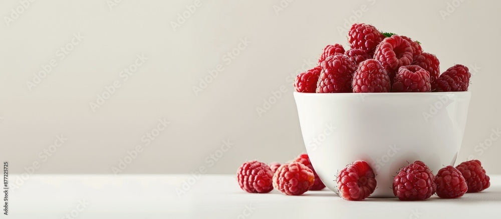 Poster A white ceramic bucket with fresh raspberries on a light background featuring copy space image