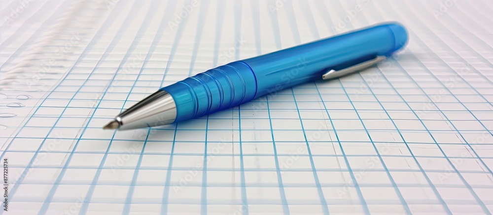 Poster A blue pen sits on a white sheet of a notebook with an open squared school notebook in the background providing copy space image