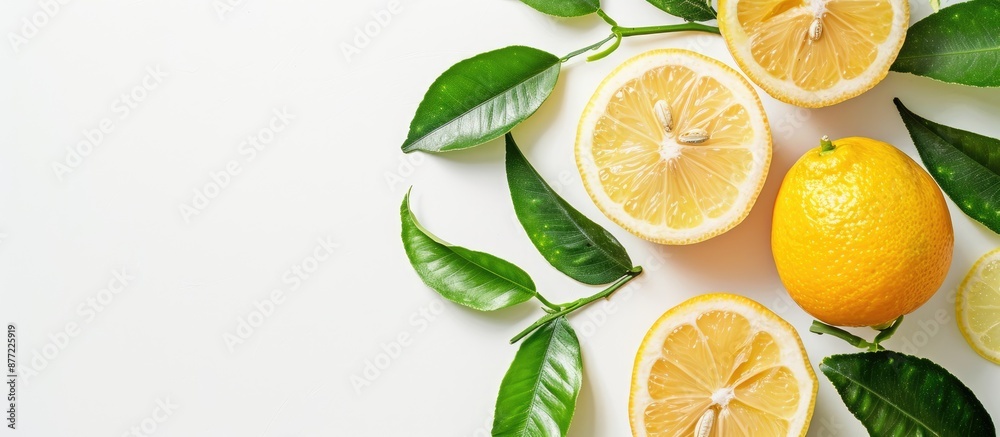 Leinwandbilder lemon slice and fruit with leaves isolated on a white background with clipped copy space image