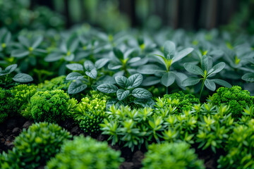 Bright green various plants grow on fertile soil, with blurred background. Green energy concept, eco friendly alternative energy technologies