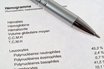 Stylo sur les résultats d'un hémogramme