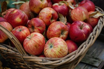 Ripe, red apples with a mix of yellow hues fill a wicker basket, symbolizing harvest and abundance