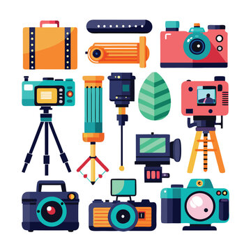 The workshop space is filled with an array of vintage cameras from box cameras to old folding cameras showcasing the evolution of photography. Vector illustration