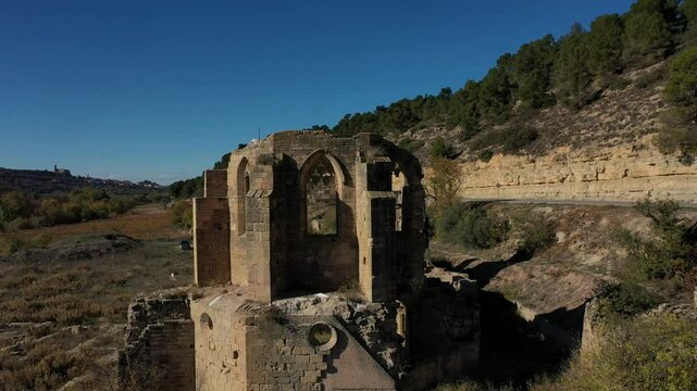 Aerial view of ruins of the abbey of Santa Maria de Vallsanta , Lleida