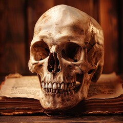 Obraz premium Close-up of a human skull placed on an old open book with wooden background, symbolizing mortality and history.