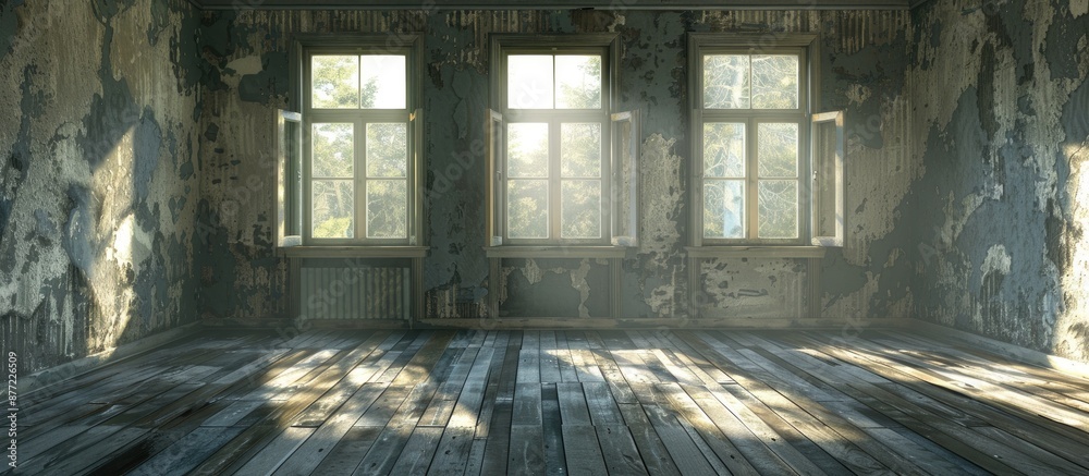 Poster an aged desolate room in an abandoned house lacking furniture bathed in light from the windows prese