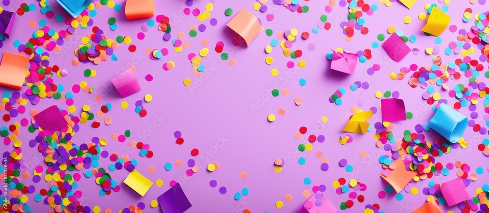 Aufkleber purple pastel paper adorned with colorful confetti creates a festive geometric background perfect fo
