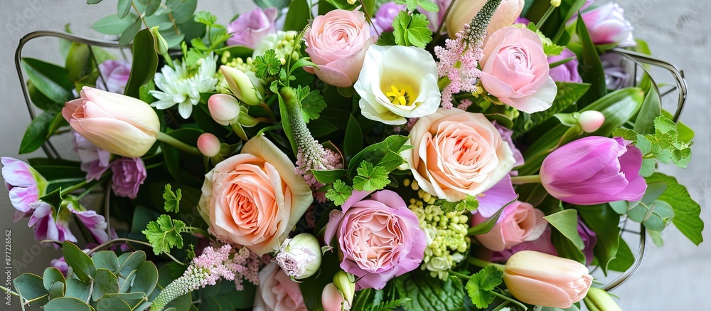 Poster a stylish arrangement of flowers including roses and tulips in a wedding bouquet with decorative pla