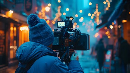 A person with their back to the camera, holding and operating an arri alexa cinema film camera in a blue jacket and blue beanie.