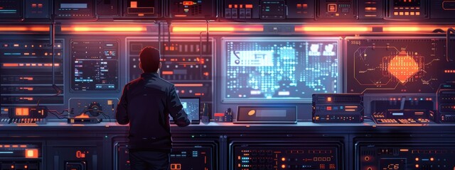 A man is standing in front of a computer monitor with a large screen. The computer monitor is displaying a lot of information, and the man is focused on it. Scene is intense and focused