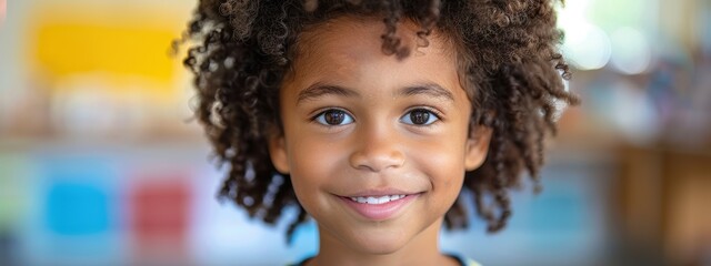 Fototapeta premium A young child with dark hair and brown eyes is smiling. The child is wearing a blue shirt and has a black headband