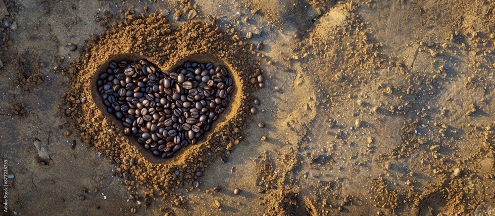 Poster coffee grains in heart shape on sandy surface expressing love for coffee arranged in a frame design 