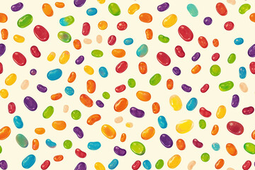 A playful seamless pattern of colorful jelly beans scattered on a light background, perfect for a fun and cheerful design.