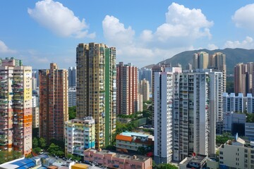 Naklejka premium Urban Landscape with Dense Tower Buildings and Green Hills in the Background